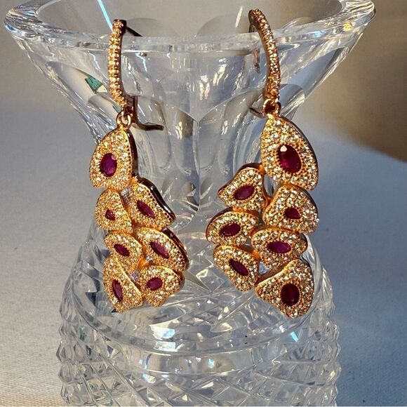 Elegant rose gold-filled sterling pave ruby Gold nugget drop earrings - Picture 4 of 5